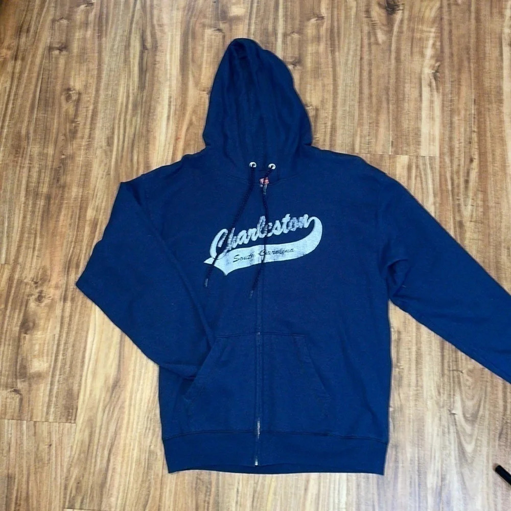 Women’s hoodie sweatshirt Medium Charleston graphic Full zip unisex blue white